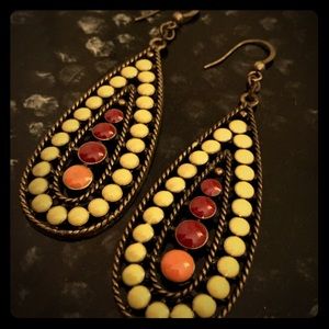 Large, dangle earrings with red, yellow and orange